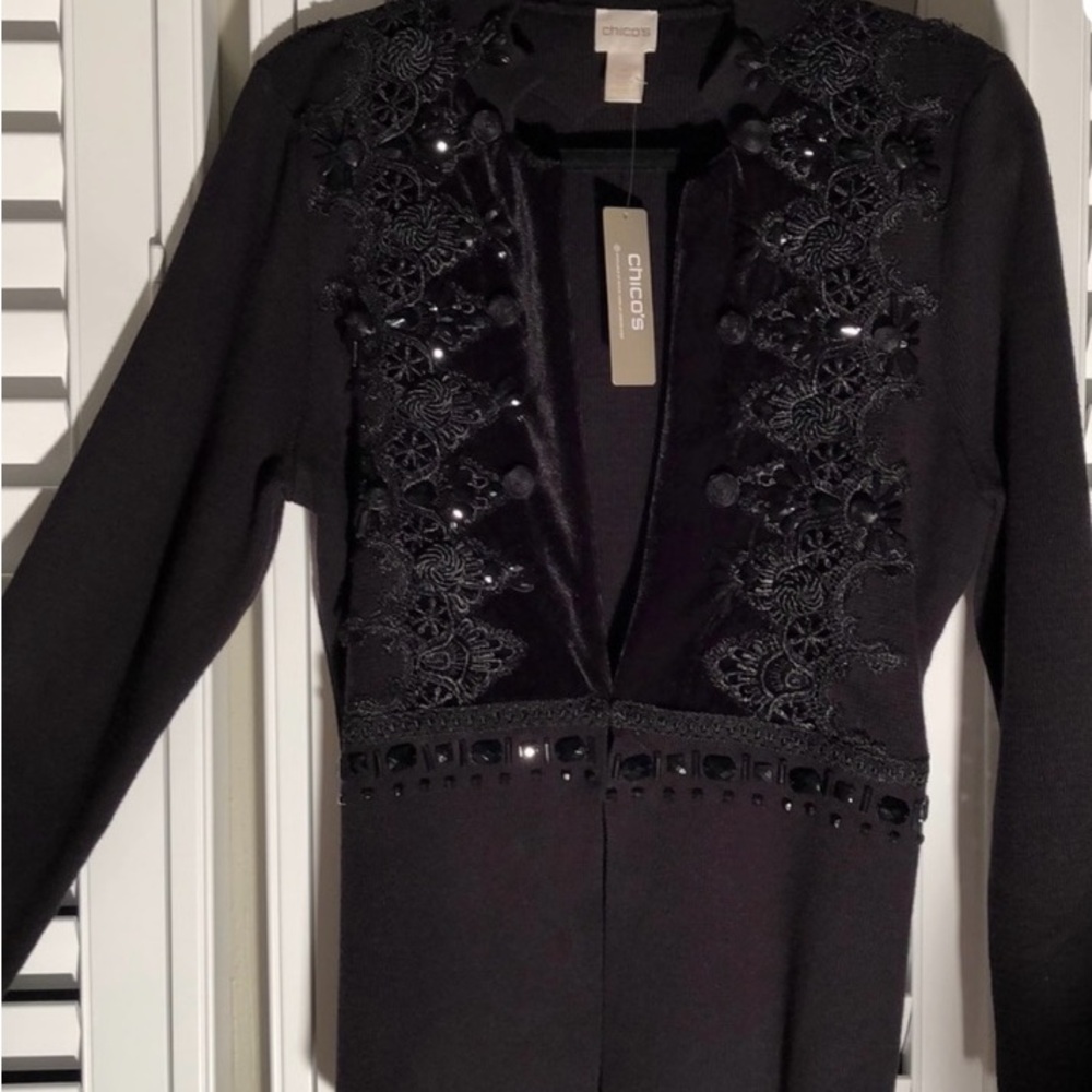 CHICOS sz 0 Black Holiday Sequin Lace  cardigan, designer beading